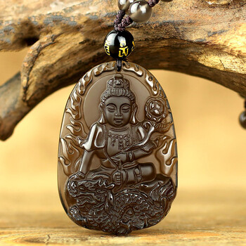 索格丽 冰种黑曜石普贤菩萨吊坠男士项链女属龙本命佛项坠