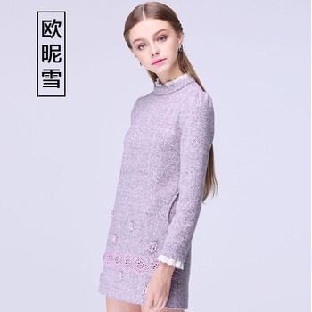 欧昵雪2015秋冬新款时尚修身蕾丝立领重工刺绣A字长袖连衣裙女 花色 M