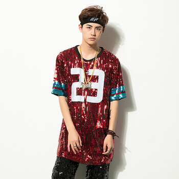 dj演出服主持人表演服装修身亮片t恤数字街舞篮球t恤ds嘻哈男装 红色