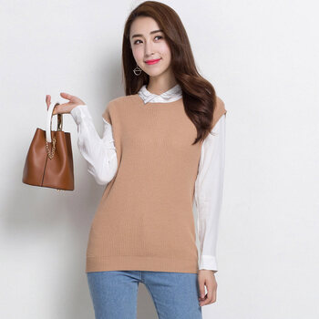恒源祥羊毛衫女春季羊毛圆领针织衫无袖毛线背心马甲时尚毛衣女 浅咖