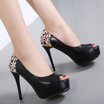 夏季新款高跟鞋细跟 12厘米性感夜店女鞋鱼嘴高跟鞋拼色凉鞋 黑色 34