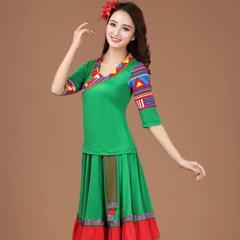 云裳服装新款舞蹈服女套装民族风藏服中老年跳舞演出服 绿色上衣 绿裙