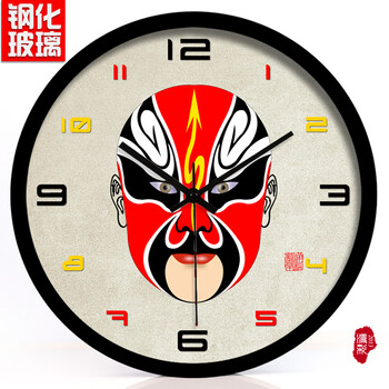 新中式传统京剧戏曲脸谱石英钟静音火锅店挂钟客厅时尚钟表 数字黑色
