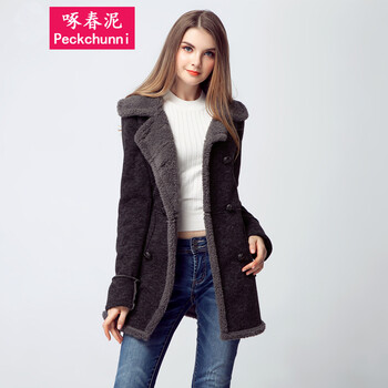 啄春泥 2015冬季毛呢大衣女 韩版羊毛绒大衣翻领气质修身棉衣女中长款毛绒保暖外套 女 咖啡色 L