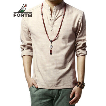 服饰内衣>男装>衬衫>富铤(fortei)>富铤亚麻衬衫男士长袖商务休闲纯色