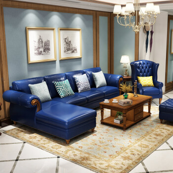 客厅整装转角大小户型复古地中海油蜡皮艺沙发 宝蓝色 意大利头层黄
