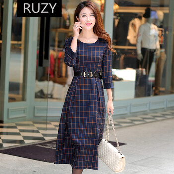 RUZY秋装复古格子长裙连衣裙 图片色 XL