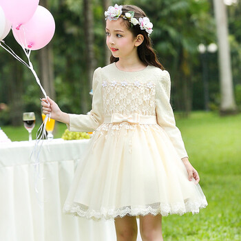 公主裙女童婚纱礼服韩版网纱生日甜美连衣裙儿童春装蝴蝶结裙子女 浅