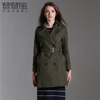 普普风2015年冬季女装新品时尚个性OL风格修身双排扣纯色风衣6520 军绿 L