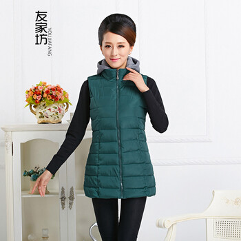 友家坊 中老年女装中长款棉服秋冬季 2015新款马甲厚款无袖连帽拉链妈妈装休闲外套 绿色 4XL 建议体重150到165斤