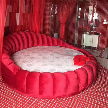 双人床婚床简约现代 圆形床宾馆酒店布艺床可拆洗 糖果红大红亮光绒b