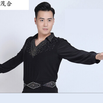 男士拉丁舞服裝上衣摩登舞上衣舞蹈服裝交誼舞上衣燙鑽 黑色 m