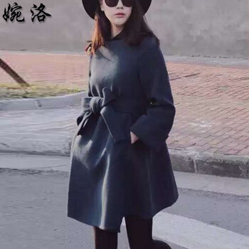 婉洛2015秋冬新款女装中长款显瘦时尚百搭毛呢大衣外套FL9737活动4 藏青色 M