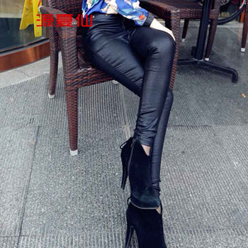 源夏仙   2015秋冬时尚修身显瘦百搭五角星皮裤女小脚裤D 黑色 S