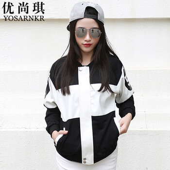 优尚琪2015秋季新品女韩版棒球服情侣装外套S098 黑白相交 M
