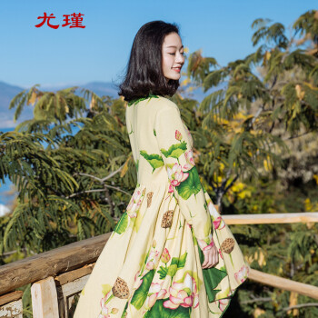 
                                        尤瑾 2016新款民族风女装春夏装中国风连衣裙中式文艺复古修身长裙 花色单面 L                