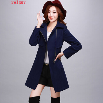 relguy 2015秋冬新女装修身中长款时尚羊绒气质休闲大码风衣毛呢外套女 2025藏青色 XXL