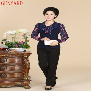 GENYARD2015中老年女装秋装新款雪纺印花长袖女妈妈装上衣 黑色 XXL