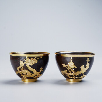 陶瓷手工镶金龙凤对杯功夫茶具茶杯建盏喜庆酒杯单杯品茗杯礼盒装个人