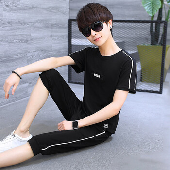 青少年套装男帅气男孩子一套衣服夏季新款t恤衫13岁中大童学生装 黑色