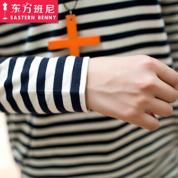 东方班尼 韩版春装宽松长袖t恤女时尚中长款条纹大码女装上衣小衫打底衫潮 藏蓝 M码 建议111-130斤