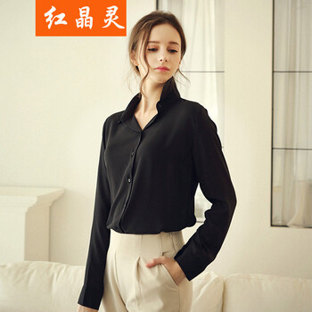 红晶灵2016秋季女装长袖雪纺衬衫休闲衬衣MA108BC6001 黑色 XXL