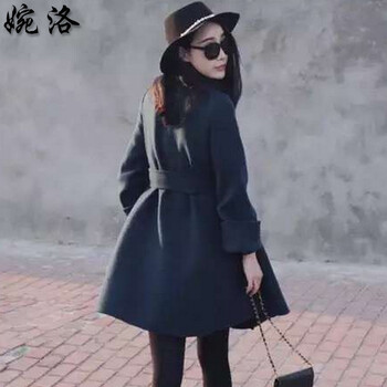 婉洛2015秋冬新款女装中长款显瘦时尚百搭毛呢大衣外套FL9737活动4 藏青色 M