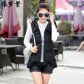 依梦繁2015秋冬新款连帽中长款羽绒棉服背心外套马甲女1629 黑色 XL