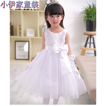 女童连衣裙儿童礼服公主裙春夏表演出服蓬蓬白色婚纱裙子大童主持