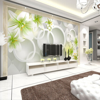 现代简约温馨百合壁画电视背景墙客厅3d立体卧室墙纸壁纸墙布 g款