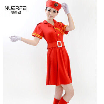 演出服连衣裙舞蹈服装合唱裙女兵服军鼓服部队文艺兵演出 红色高弹力