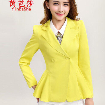 茵芭莎  2014新款韩版休闲小西装修身气质女式外套收腰小西服女GT6838 黄绿色 L
