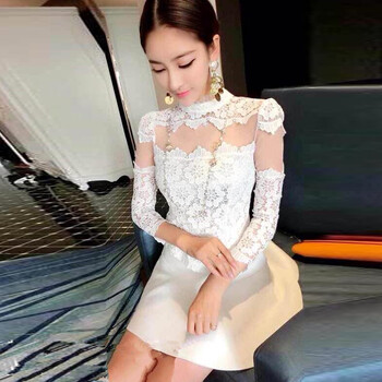 革姿 2016秋装新款韩版女装夜店时尚性感女神网纱透视蕾丝衫+短裙套装6139 白色 S