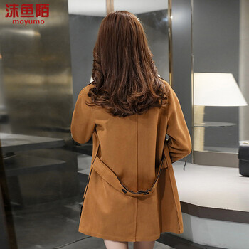 沫鱼陌2015秋冬季新款中长款麂皮绒显瘦风衣外套女 驼色 M