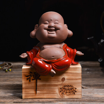 戴玉堂 戏珠弥勒欢喜小弥勒家居装饰品客厅书房办公室桌面摆件陶瓷