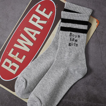 原宿中筒袜两杠条纹堆堆袜女学院风字母滑板潮袜男个性运动袜wy 灰色