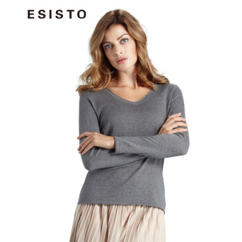 ESISTO 针织衫女装韩版春秋纯棉V领长袖套头修身中长款打底毛衣 1402 12灰色 欧洲S(中国码M码)