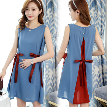 哺乳连衣裙夏季外出时尚韩版无袖中长款潮妈产后家居服喂奶衣 蓝色 m