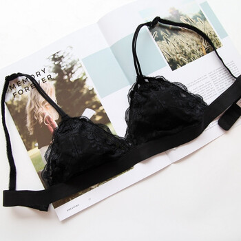 鑫淼时尚性感蕾丝三角杯细带无钢圈文胸无痕小胸纯色内衣 黑色 s