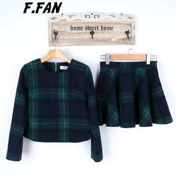 F.FAN 番番 2015秋冬装新款欧洲站英伦时尚格子修身毛呢连衣裙两件套半身裙套装 绿色 L
