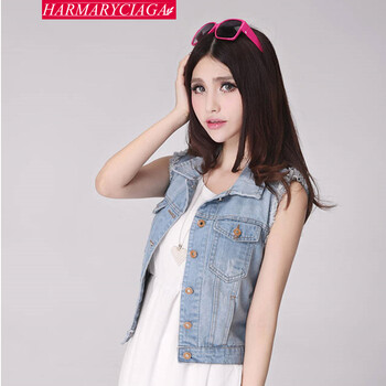 HARMARYCIAGA 2014韩版新款 洗水磨破洞开衫女装牛仔马甲MJ6073 图片色 S
