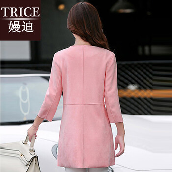 trice2015秋装新款大码女装韩版外套女修身中长款长袖麂皮绒风衣女 HHSJ5870 粉红色 M