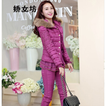 娇女坊       2015秋冬装新款淑女装修身时尚蕾丝羽绒棉服三件套短款棉衣 紫色 L