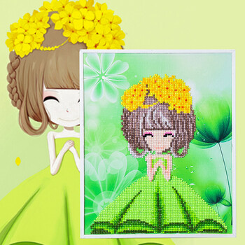 创意儿童y制作材料粘贴画贴钻画女孩生日礼物 绿色 迎春姑娘25x30cm