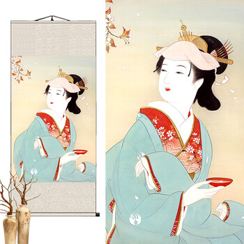 浮世绘仕女图卷轴布画日本料理店餐厅宾馆挂画日式和风丝绸装饰画 乳