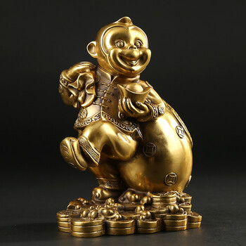风水猴吉祥物 十二生肖猴摆设铜猴摆件背钱袋猴 4寸金猴送福特惠款