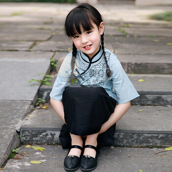 女童民国风套装夏装宝宝民国服装童装 风小女孩旗袍装儿童汉服 蓝 黑