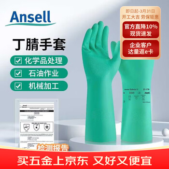 安思尔（Ansell）安思尔丁腈防化手套 37-176耐酸碱耐磨耐油污有机溶剂腐蚀工业防化实验室男女防护手套加长 9/L码2双装