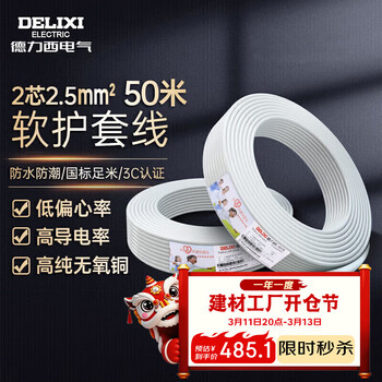 德力西电气RVV阻燃电线护套软线两芯2.5平方插座铜芯50米白色