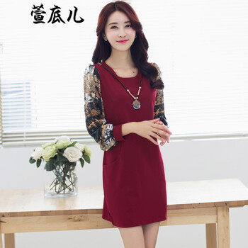 萱底儿2015秋冬装女装新款大码女装加绒加厚印花长袖连衣裙 酒红不加绒 XL